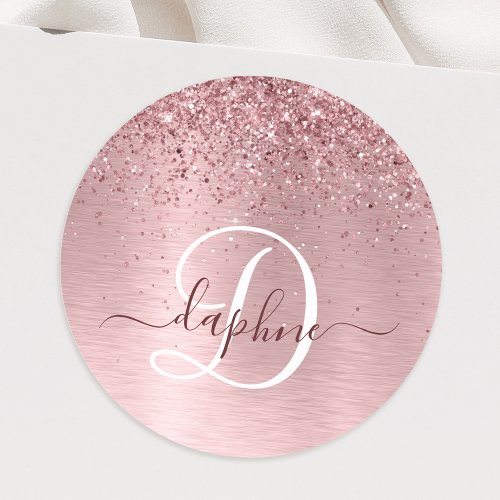 Blush Pink Brushed Metal Glitter Monogram Name Classic Round Sticker