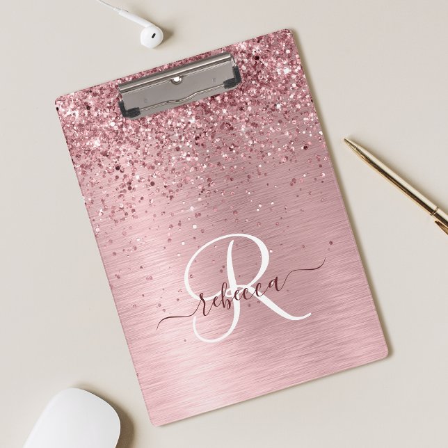 Blush Pink Brushed Metal Glitter Monogram Name Clipboard (Creator Uploaded)