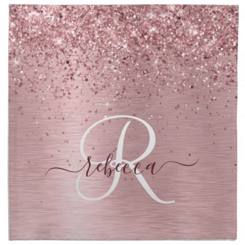 Blush Pink Brushed Metal Glitter Monogram Name Cloth Napkin