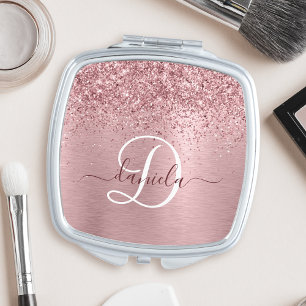 Blush Pink Brushed Metal Glitter Monogram Name Compact Mirror