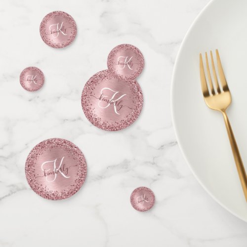 Blush Pink Brushed Metal Glitter Monogram Name Confetti