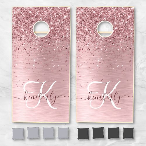 Blush Pink Brushed Metal Glitter Monogram Name Cornhole Set