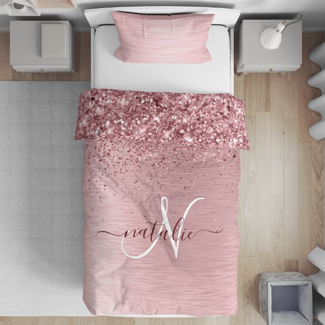 Blush Pink Brushed Metal Glitter Monogram Name Duvet Cover (Creator Uploaded)