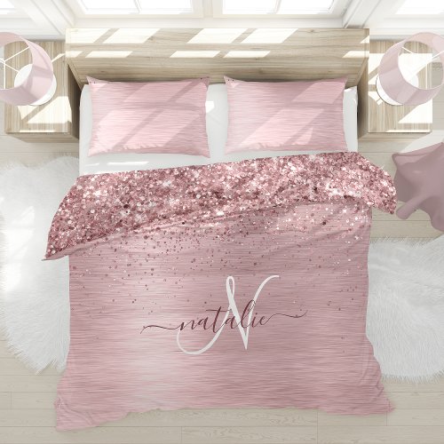 Blush Pink Brushed Metal Glitter Monogram Name Duvet Cover