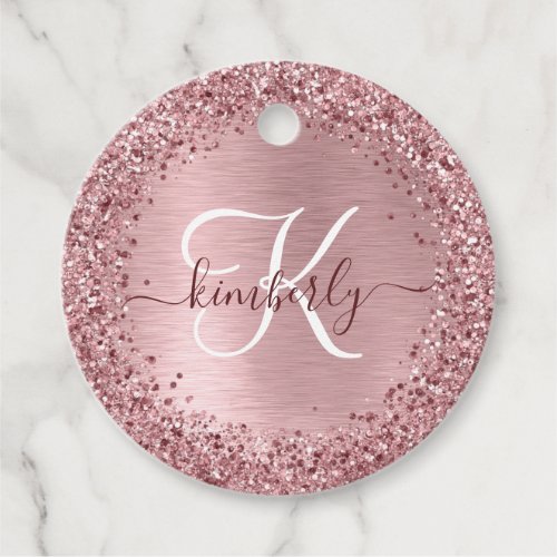 Blush Pink Brushed Metal Glitter Monogram Name Favor Tags