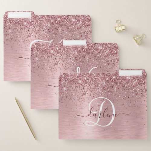 Blush Pink Brushed Metal Glitter Monogram Name File Folder