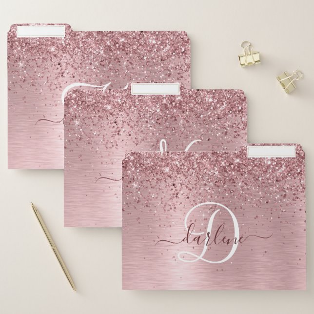 Blush Pink Brushed Metal Glitter Monogram Name File Folder (Set)