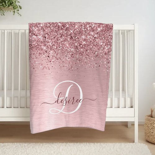 Blush Pink Brushed Metal Glitter Monogram Name Fleece Blanket