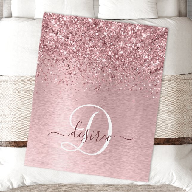 Blush Pink Brushed Metal Glitter Monogram Name Fleece Blanket (Creator Uploaded)