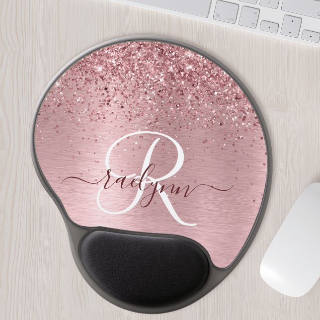 Blush Pink Brushed Metal Glitter Monogram Name Gel Mouse Pad (Creator Uploaded)