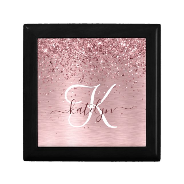 Blush Pink Brushed Metal Glitter Monogram Name Gift Box (Front)