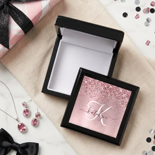 Blush Pink Brushed Metal Glitter Monogram Name Gift Box (Creator Uploaded)
