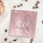 Blush Pink Brushed Metal Glitter Monogram Name Glass Coaster<br><div class="desc">Easily personalize this trendy chic glass coaster design featuring pretty blush pink sparkling glitter on a blush pink brushed metallic background.</div>
