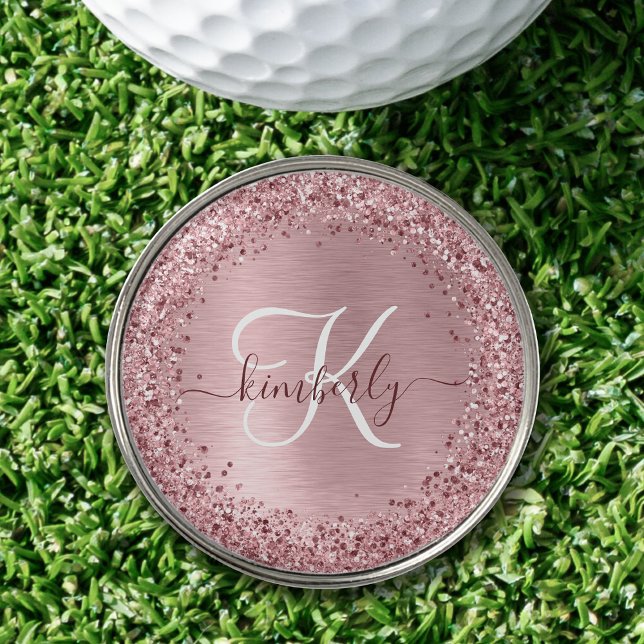 Blush Pink Brushed Metal Glitter Monogram Name Golf Ball Marker (Creator Uploaded)