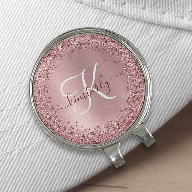 Blush Pink Brushed Metal Glitter Monogram Name Golf Hat Clip (Creator Uploaded)