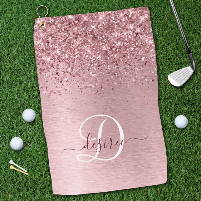 Blush Pink Brushed Metal Glitter Monogram Name Golf Towel (Creator Uploaded)