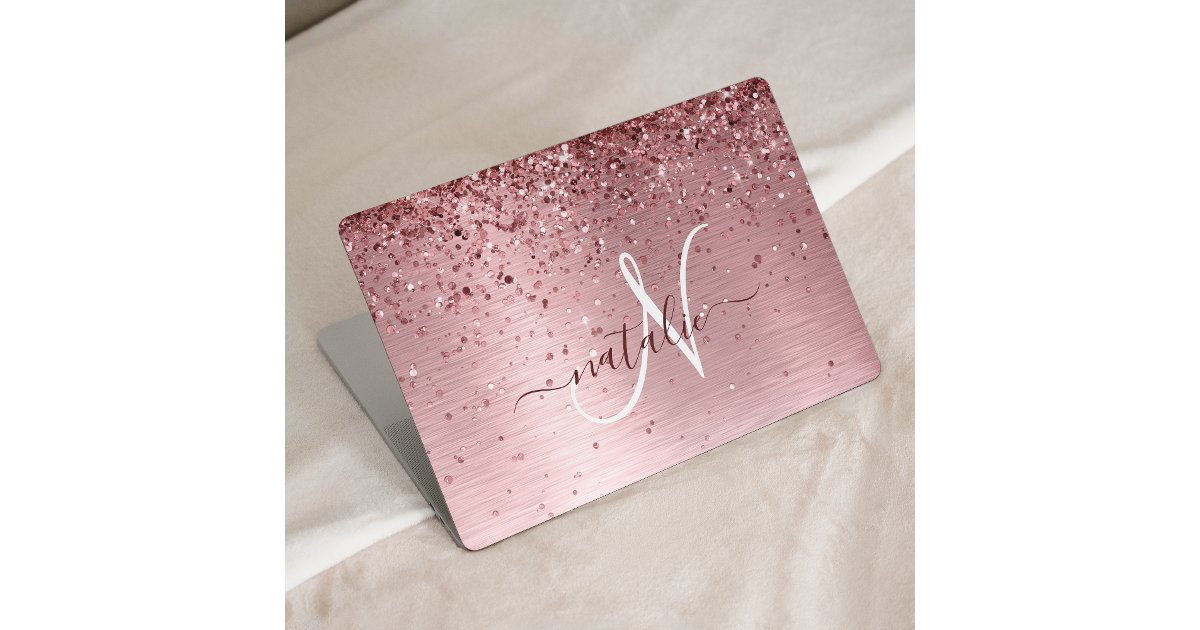 Blush Pink Brushed Metal Glitter Monogram Name HP Laptop Skin | Zazzle