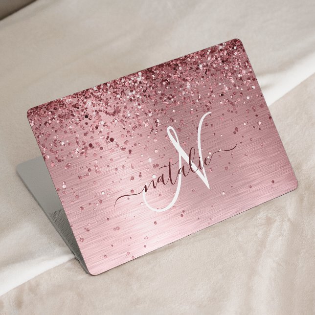 Blush Pink Brushed Metal Glitter Monogram Name HP Laptop Skin (Creator Uploaded)