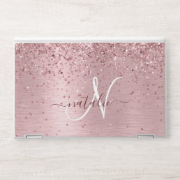 Blush Pink Brushed Metal Glitter Monogram Name HP Laptop Skin
