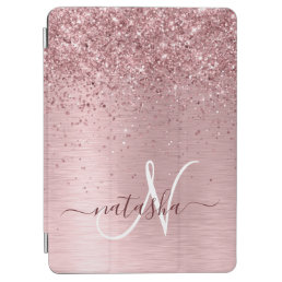 Blush Pink Brushed Metal Glitter Monogram Name iPad Air Cover