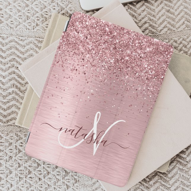Blush Pink Brushed Metal Glitter Monogram Name iPad Mini Cover (Creator Uploaded)
