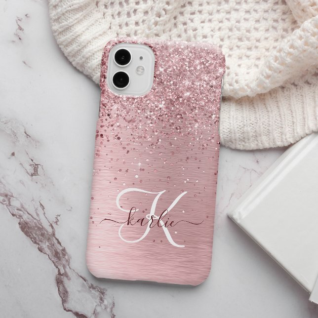 Blush Pink Brushed Metal Glitter Monogram Name iPhone 15 Case (Creator Uploaded)