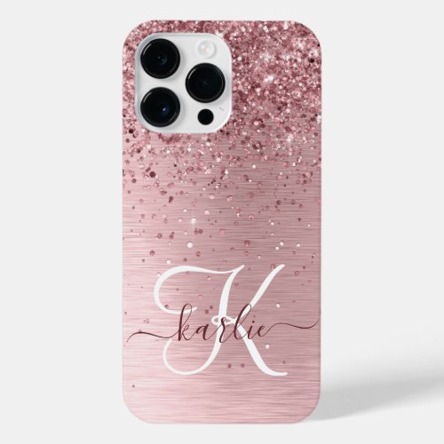 Blush Pink Brushed Metal Glitter Monogram Name iPhone 14 Pro Max Case