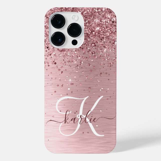 Blush Pink Brushed Metal Glitter Monogram Name iPhone Case (Back)