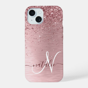 Blush Pink Brushed Metal Glitter Monogram Name iPhone 15 Case