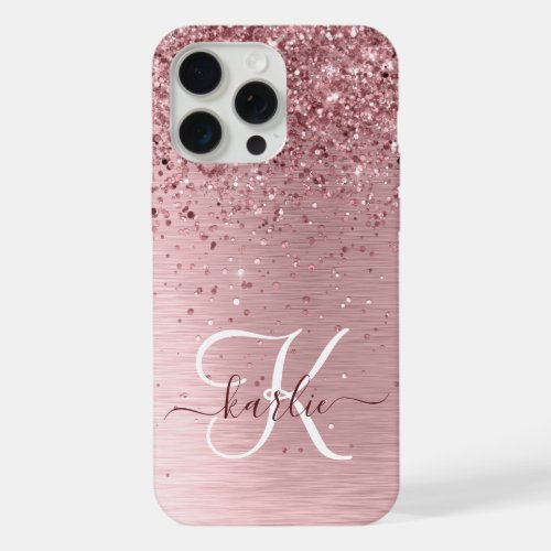 Blush Pink Brushed Metal Glitter Monogram Name iPhone 15 Pro Max Case