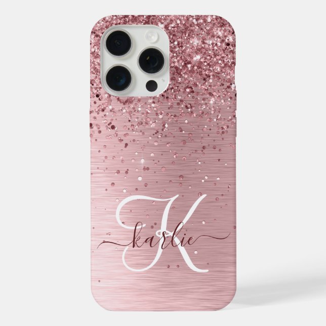 Blush Pink Brushed Metal Glitter Monogram Name iPhone Case (Back)
