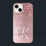 Blush Pink Brushed Metal Glitter Monogram Name iPhone 14 Case<br><div class="desc">Easily personalize this trendy chic phone case design featuring pretty blush pink sparkling glitter on a blush pink brushed metallic background.</div>