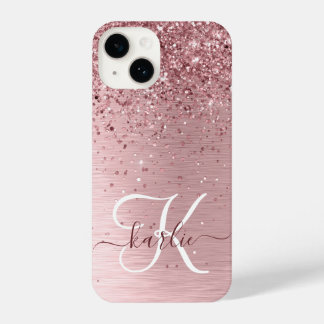 Blush Pink Brushed Metal Glitter Monogram Name iPhone 14 Case
