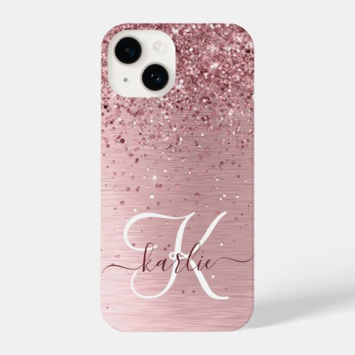 Blush Pink Brushed Metal Glitter Monogram Name iPhone 14 Case