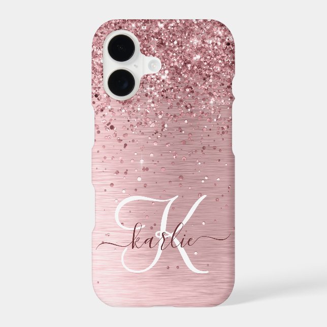 Blush Pink Brushed Metal Glitter Monogram Name iPhone Case (Back)