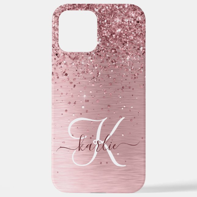 Blush Pink Brushed Metal Glitter Monogram Name iPhone Case (Back)