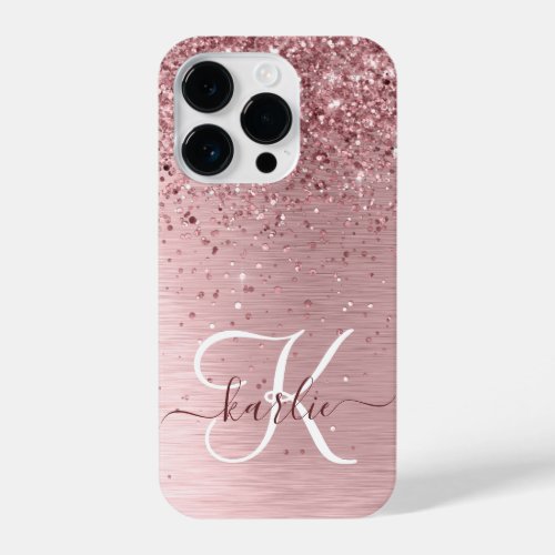 Blush Pink Brushed Metal Glitter Monogram Name iPhone 14 Pro Case