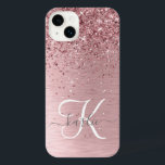 Blush Pink Brushed Metal Glitter Monogram Name iPhone 14 Plus Case<br><div class="desc">Easily personalize this trendy chic phone case design featuring pretty blush pink sparkling faux glitter on a blush pink brushed metallic background.</div>