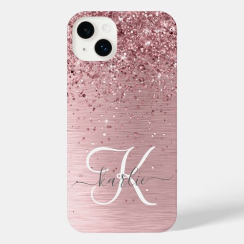 Blush Pink Brushed Metal Glitter Monogram Name iPhone 14 Plus Case