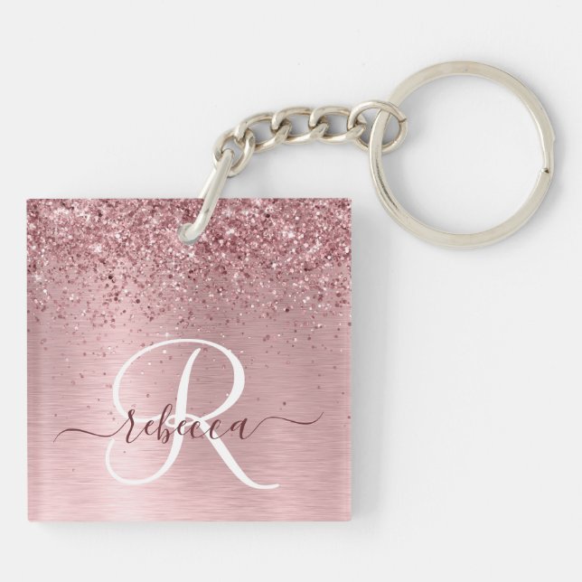 Blush Pink Brushed Metal Glitter Monogram Name Keychain (Back)
