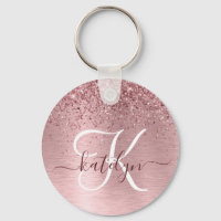 Blush Pink Brushed Metal Glitter Monogram Name Keychain