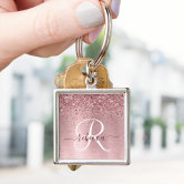 Blush Pink Brushed Metal Glitter Monogram Name Keychain