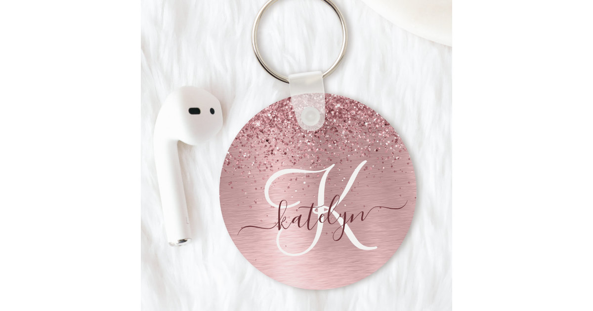 Blush Pink Brushed Metal Glitter Monogram Name Keychain