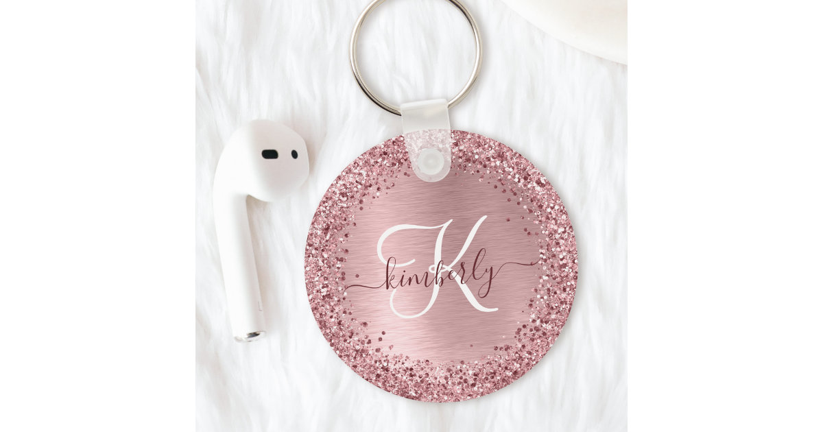 Blush Pink Brushed Metal Glitter Monogram Name Keychain
