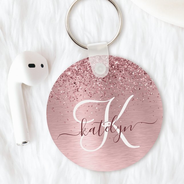 Blush Pink Brushed Metal Glitter Monogram Name Keychain (Creator Uploaded)