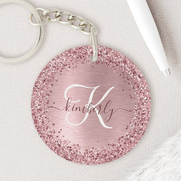 Blush Pink Brushed Metal Glitter Monogram Name Keychain