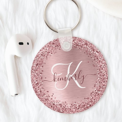 Blush Pink Brushed Metal Glitter Monogram Name Keychain