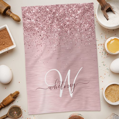 Blush Pink Brushed Metal Glitter Monogram Name Kitchen Towel
