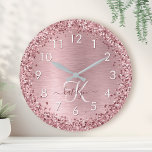 Blush Pink Brushed Metal Glitter Monogram Name Large Clock<br><div class="desc">Easily personalize this trendy chic wall clock design featuring pretty blush pink sparkling glitter on a blush pink brushed metallic background.</div>