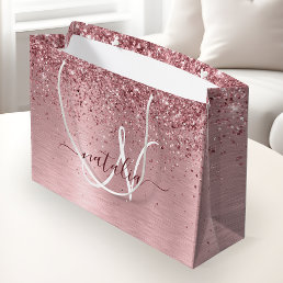 Blush Pink Brushed Metal Glitter Monogram Name Large Gift Bag